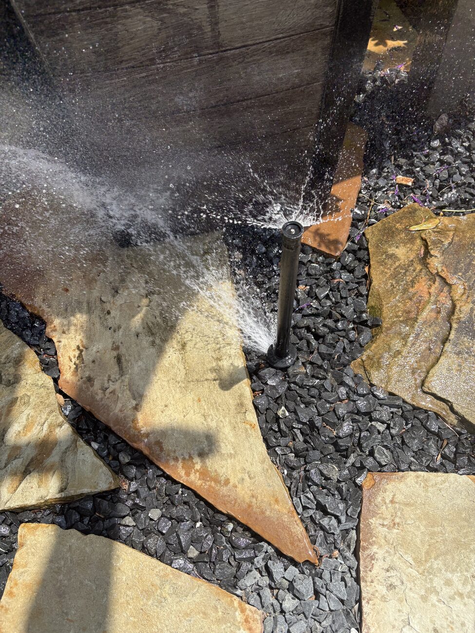 A repaired head spraying across a flagstone path